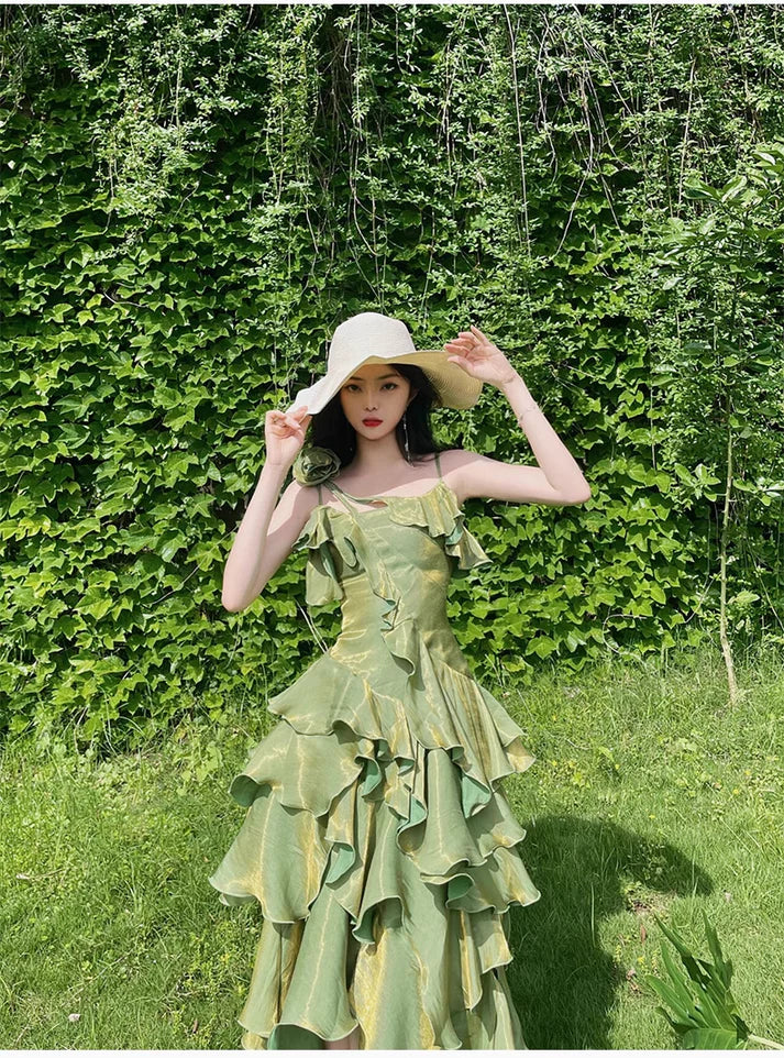 Pretty Irregular Ruffle Spaghetti Straps Green Prom Dresses With Flower Long Birthday Dress HZ1023