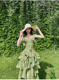 Pretty Irregular Ruffle Spaghetti Straps Green Prom Dresses With Flower Long Birthday Dress HZ1023
