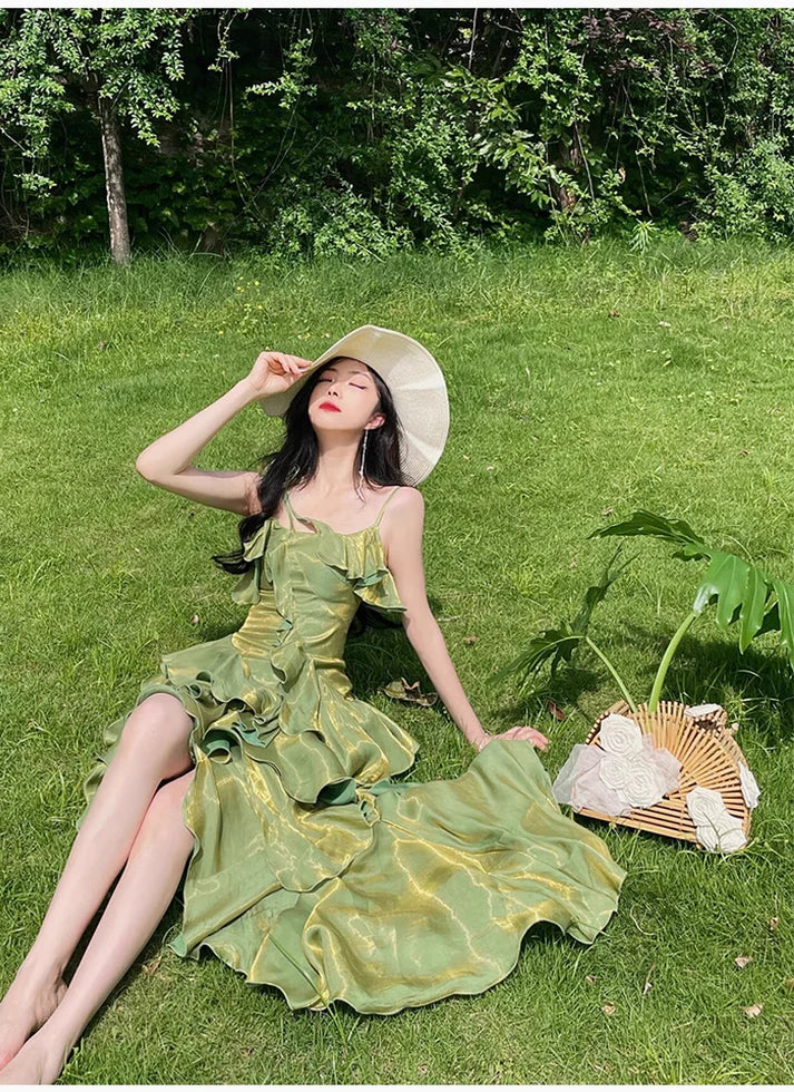 Pretty Irregular Ruffle Spaghetti Straps Green Prom Dresses With Flower Long Birthday Dress HZ1023