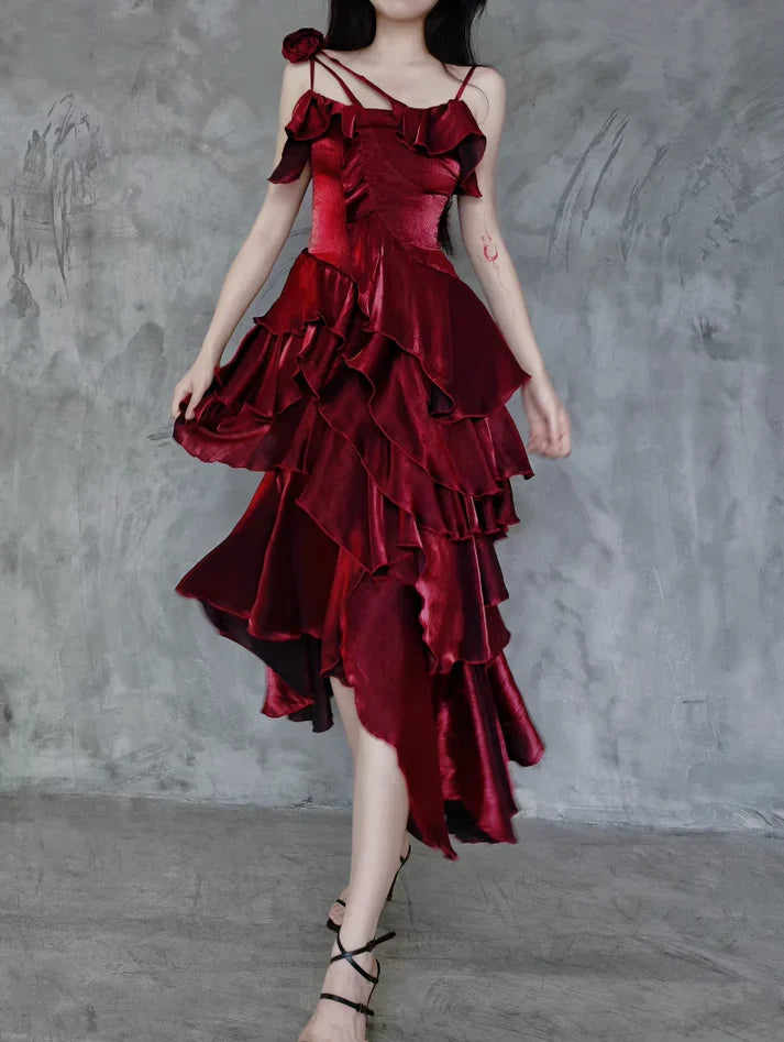 Pretty Irregular Ruffle Spaghetti Straps Burgundy Prom Dresses With Flower Long Birthday Dress HZ1023