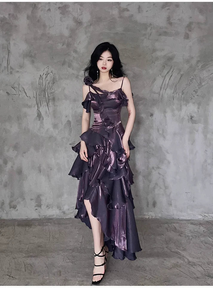 Pretty Irregular Ruffle Spaghetti Straps Grape Prom Dresses With Flower Long Birthday Dress HZ1023