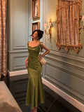 Classy Mermaid Straps Green Satin Long Evening Dresses Birthday Outfits HZ1023