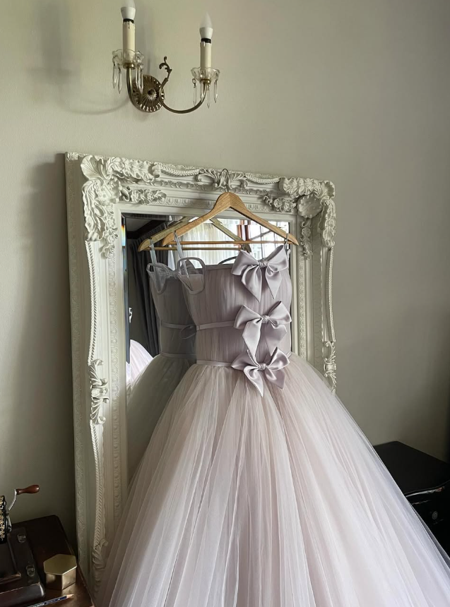Stunning A Line Spaghetti Strap Bow Light Purple Tulle Long Party Dress Evening Dress HZ1023