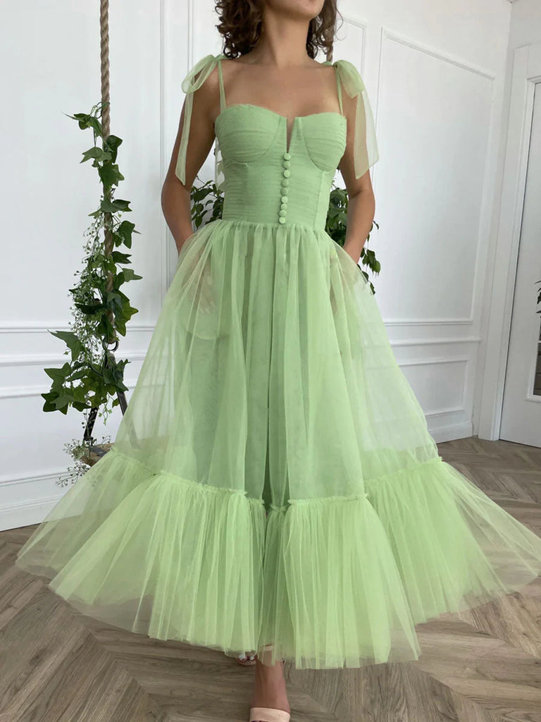 Tea Length Sage Tulle Formal Homecoming Dresses HZ1023