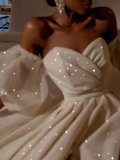 Sexy Puffy Sleeves Prom Dresses Glitter Ball Gown Party Dresses Tulle Sweep Train Prom Evening Dresses HZ1023