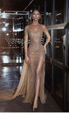Luxurious Mermaid Gold Glitter Champagne Long Prom Gold Tulle Evening Dresses For Girls HZ1023