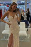 Spaghetti Straps Mermaid Prom Dress, Sparkly Sequins Slit Long Formal Gown HZ1023