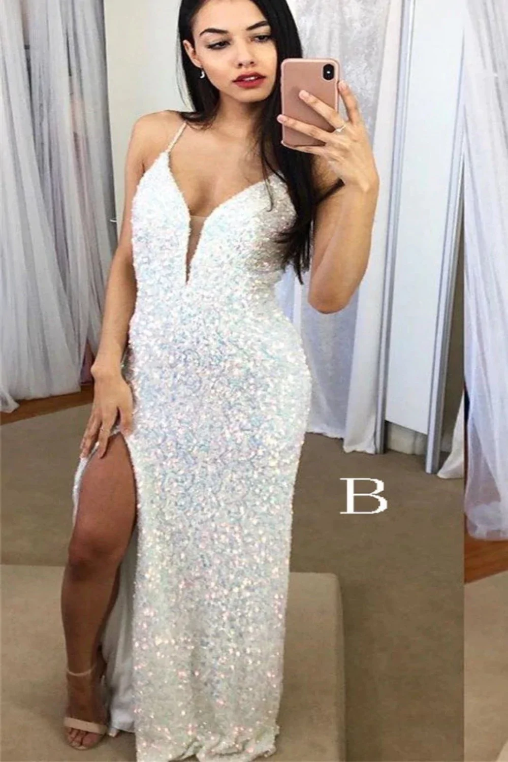 Spaghetti Straps Mermaid Prom Dress, Sparkly Sequins Slit Long Formal Gown HZ1023