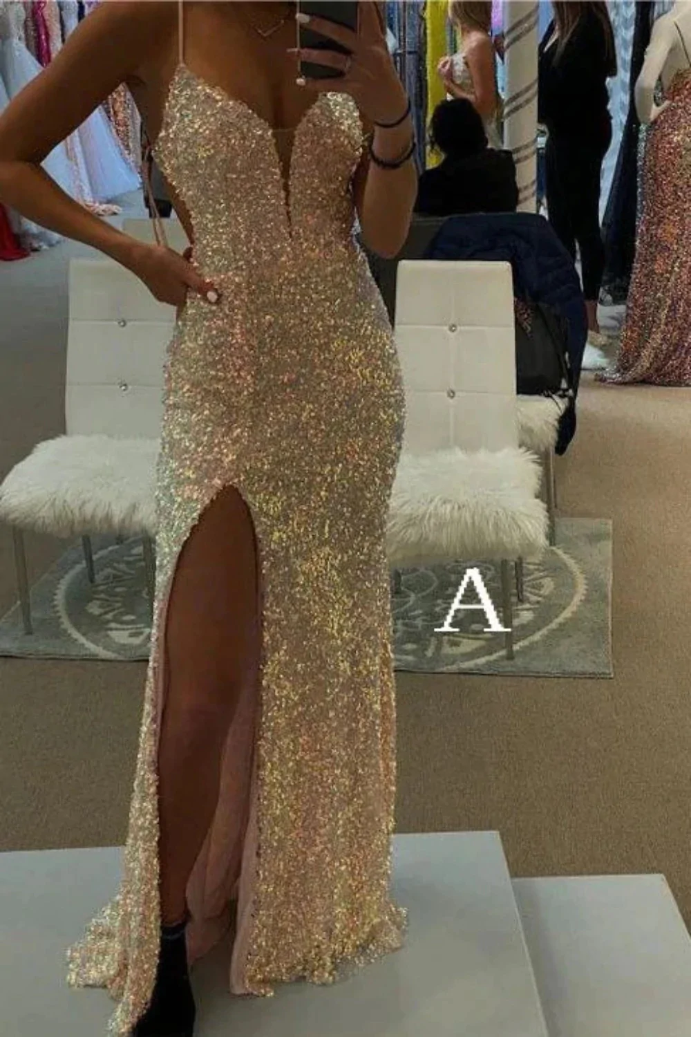 Spaghetti Straps Mermaid Prom Dress, Sparkly Sequins Slit Long Formal Gown HZ1023