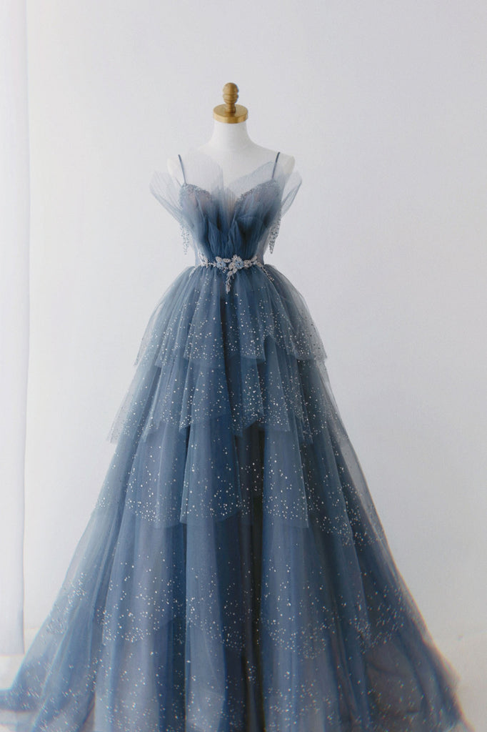 Gorgeous Blue Sparkly Tulle Beaded Prom Dress, Tiered Formal Gown With Rhinestone HZ1023