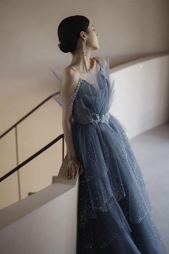 Gorgeous Blue Sparkly Tulle Beaded Prom Dress, Tiered Formal Gown With Rhinestone HZ1023