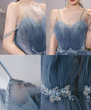 Gorgeous Blue Sparkly Tulle Beaded Prom Dress, Tiered Formal Gown With Rhinestone HZ1023