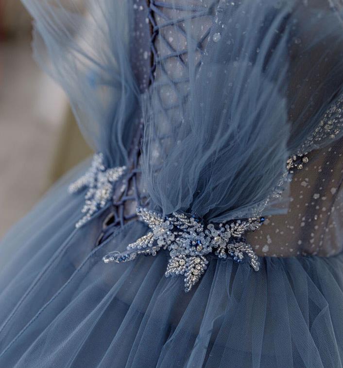 Gorgeous Blue Sparkly Tulle Beaded Prom Dress, Tiered Formal Gown With Rhinestone HZ1023