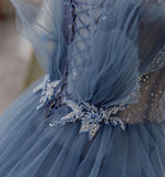 Gorgeous Blue Sparkly Tulle Beaded Prom Dress, Tiered Formal Gown With Rhinestone HZ1023