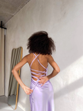 Lavender Silk Slip Dress for Women Open Back Drawstring Sexy Flowy Dress for Romantic Date Bridesmaid Party Prom Dresses HZ1023