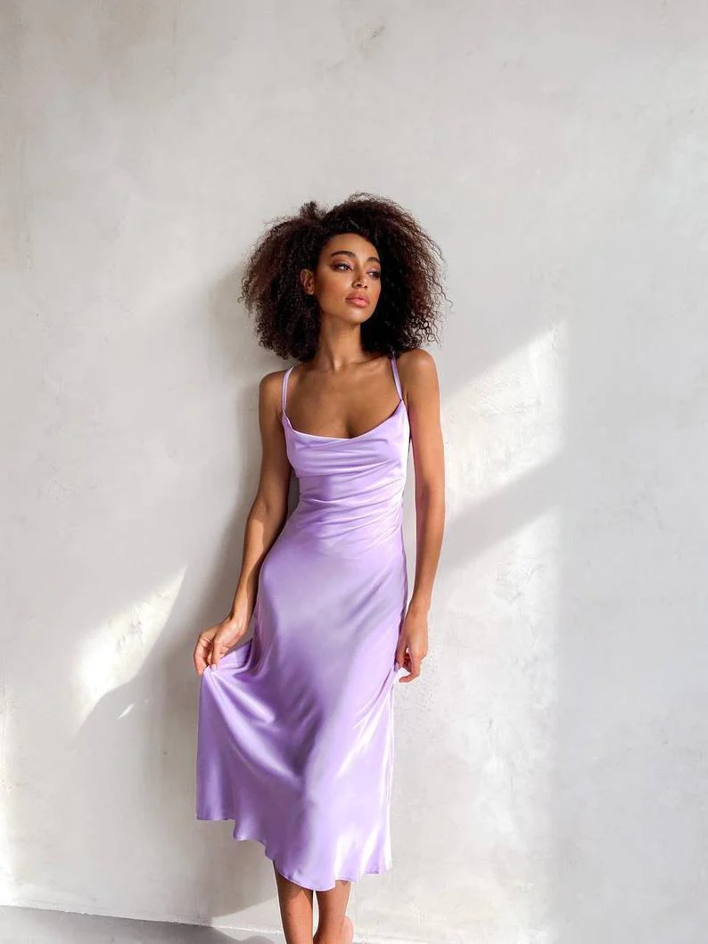 Lavender Silk Slip Dress for Women Open Back Drawstring Sexy Flowy Dress for Romantic Date Bridesmaid Party Prom Dresses HZ1023