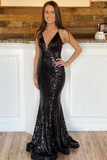 Elegant Mermaid Floor Length Black Sequin Prom Dresses HZ1023