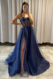 Sexy Sparkle Spaghetti strap Navy Blue A-line Princess Tulle Prom Dress HZ1023