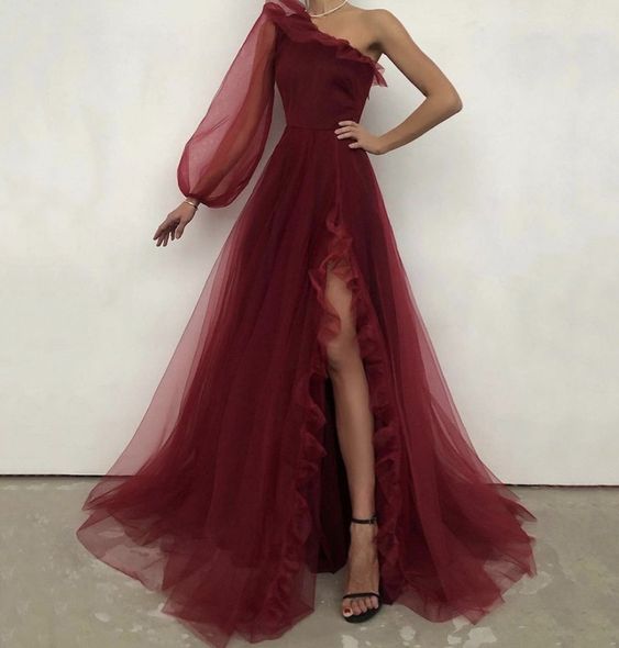 Burgundy tulle prom dress one shoulder evening dress HZ1023