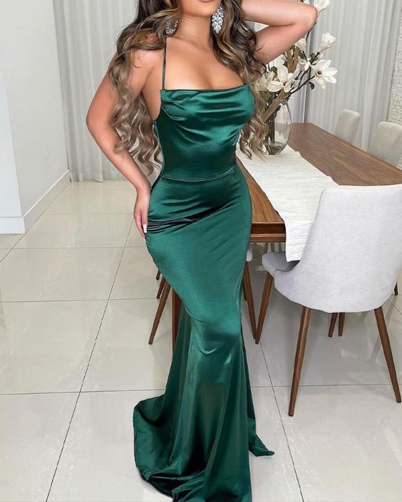 Satin Halter Backless Mermaid Evening Dress Prom Dress HZ1023