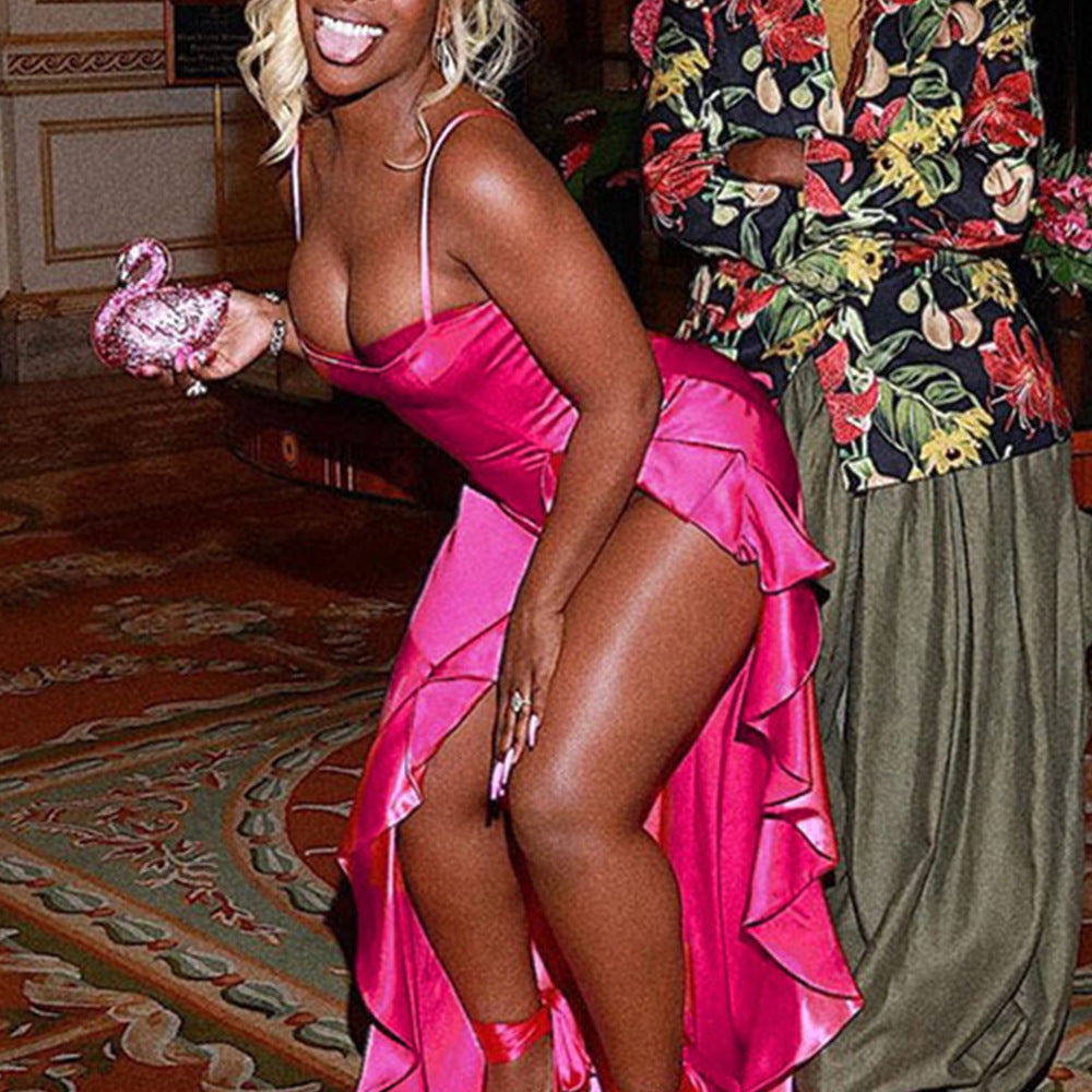 Satin Mermaid Evening Dress Hot Pink Slit Black Girl Prom Dress HZ1023