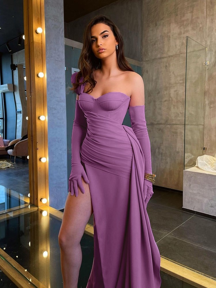 Floor Dress Women One Shoulder Folds Patchwork High Split Elegant Prom Dress HZ1023