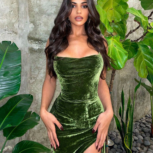Velvet Backless Bandage Green Slip Dress Prom Dress HZ1023