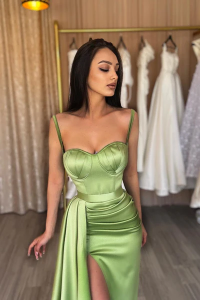 Gorgeous Mermaid Split Spaghetti-Straps Sage Green Prom Dress HZ1023