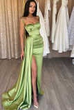Gorgeous Mermaid Split Spaghetti-Straps Sage Green Prom Dress HZ1023