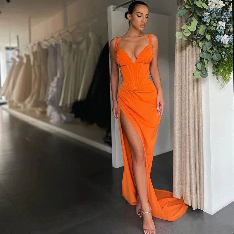 v neck satin high split mermaid evening dress prom dresses HZ1023