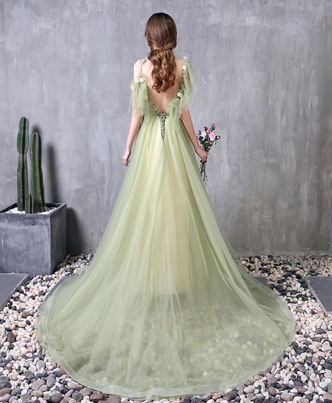 Green Tulle Lace Long Prom Dress Green Evening Dress HZ1023