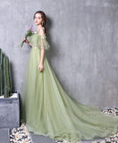 Green Tulle Lace Long Prom Dress Green Evening Dress HZ1023
