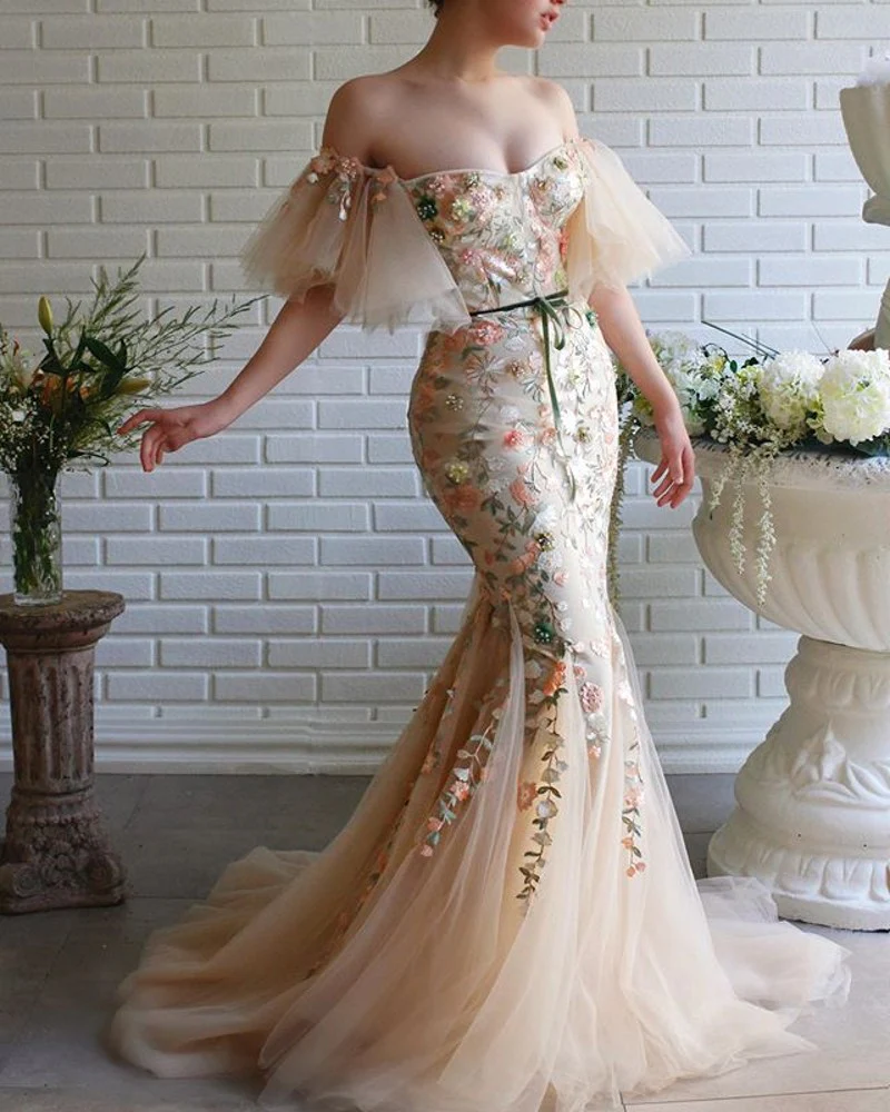 Off The Shoulder Mermaid Tulle Prom Dresses With Appliques Lace Up HZ1023