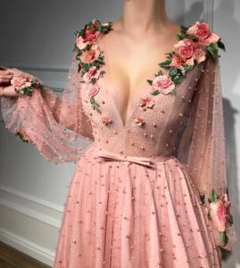 Beautiful Long Sleeves V Neck 3D Flowers Pink Prom Dresses Formal Dress HZ1023