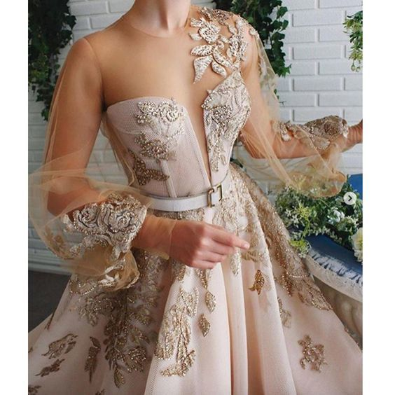 Long Sleeve Lace Appliques Beading Sequins A Line Beading Sequins Crystal Prom Dress Evening Gowns HZ1023