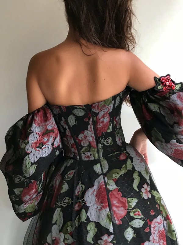 Off-The-Shoulder Beaded Decorate Floral Print Mesh Split-Side Prom Dress Long Evening Dress HZ1023
