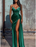 V Neck Green Satin Ruched Crystals Prom Dress HZ1023