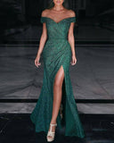Sequin Off-shoulder Solid Color Split Evening Gown HZ1023