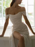Bateau Capped Mermaid Sweep Train Split Front Sequins Luxury Evening Dress HZ1023