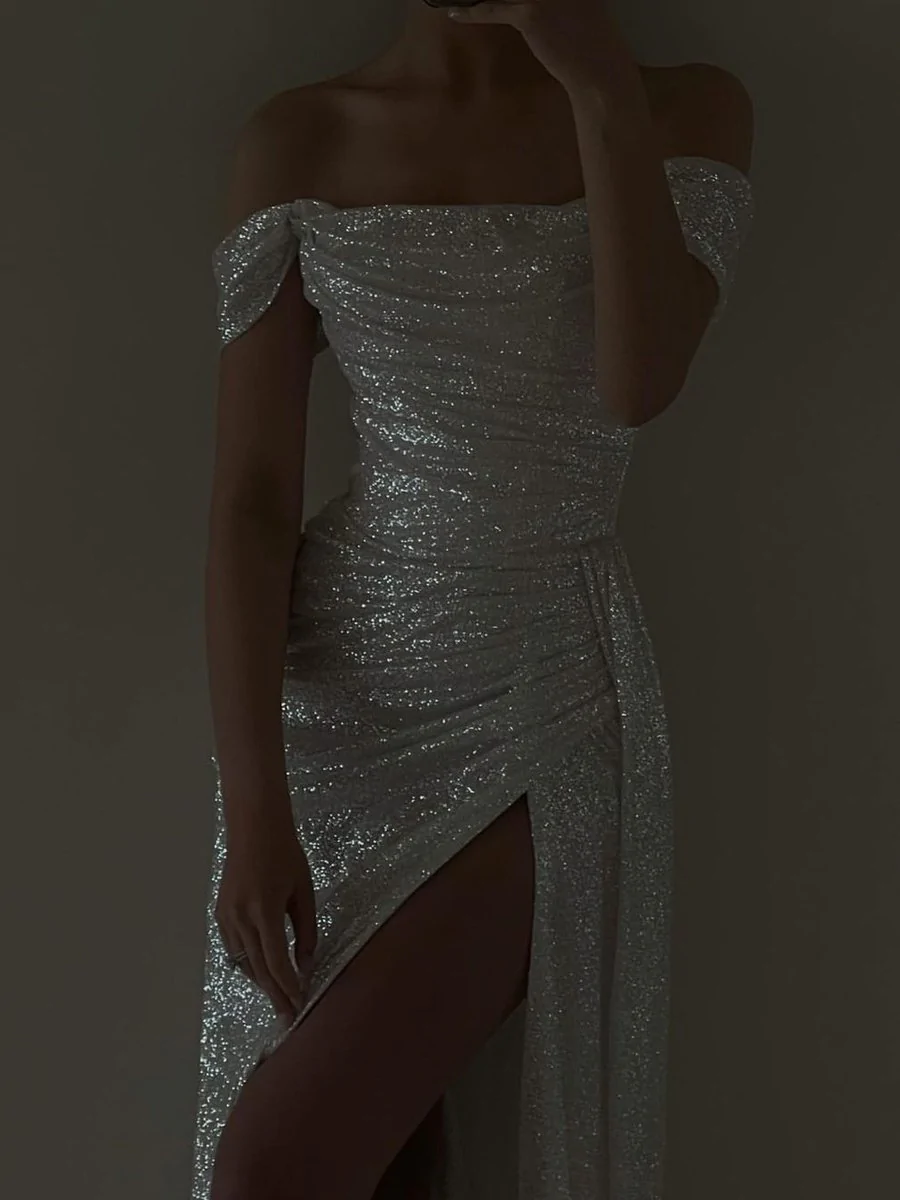 Bateau Capped Mermaid Sweep Train Split Front Sequins Luxury Evening Dress HZ1023