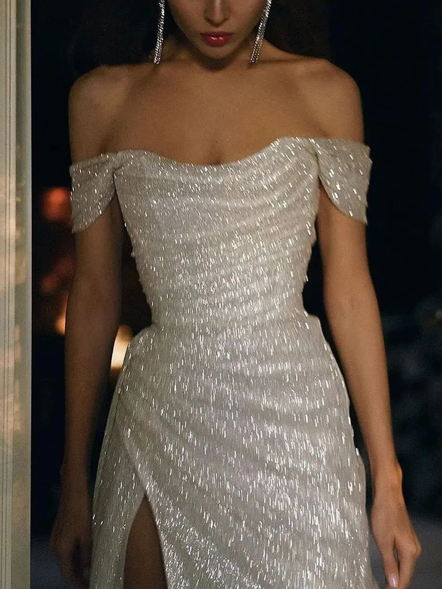 Bateau Capped Mermaid Sweep Train Split Front Sequins Luxury Evening Dress HZ1023