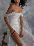 Bateau Capped Mermaid Sweep Train Split Front Sequins Luxury Evening Dress HZ1023