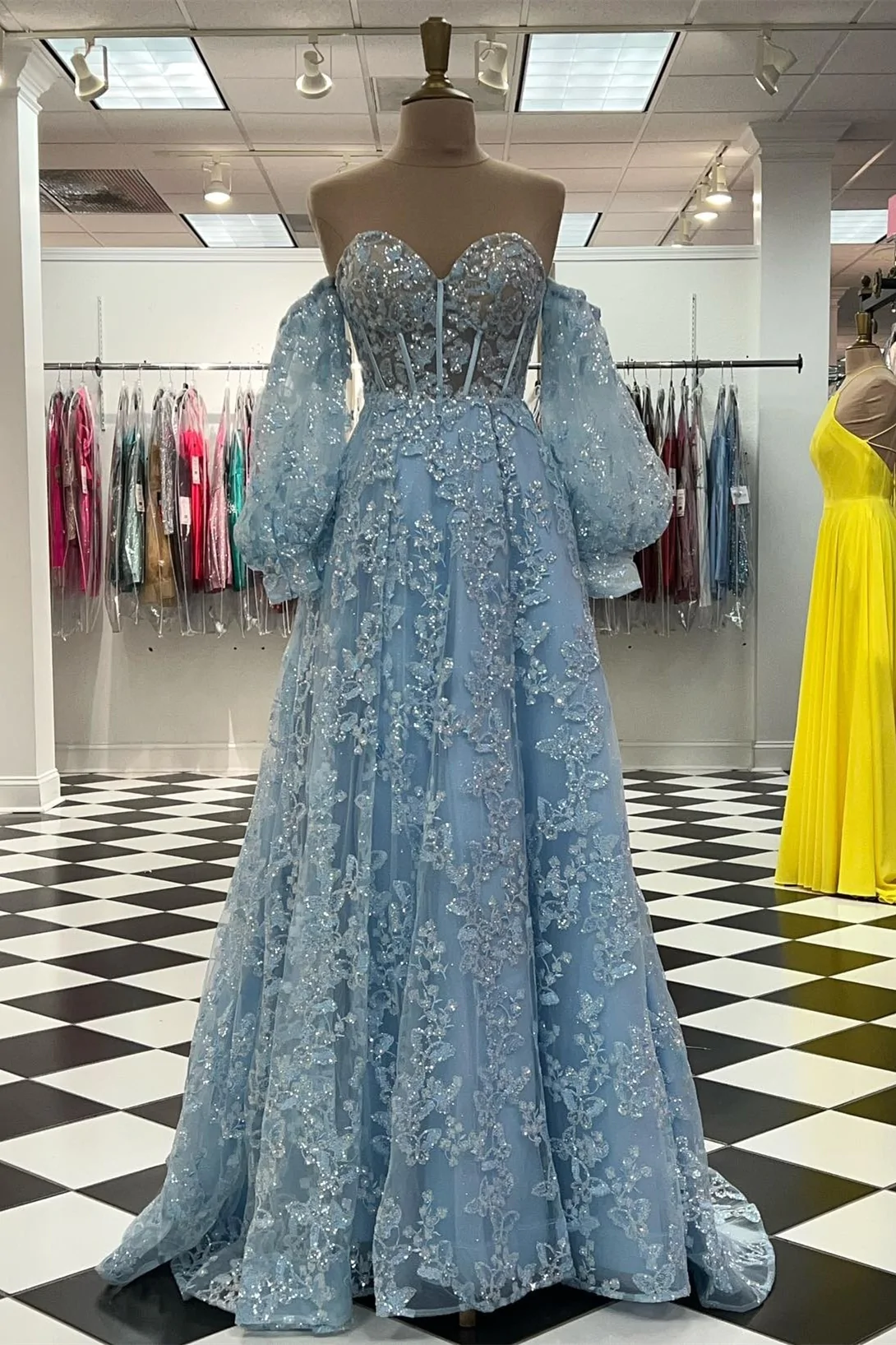 Sparkle Princess Bustier Puff Sleeve Lace Long Prom Gown HZ1023