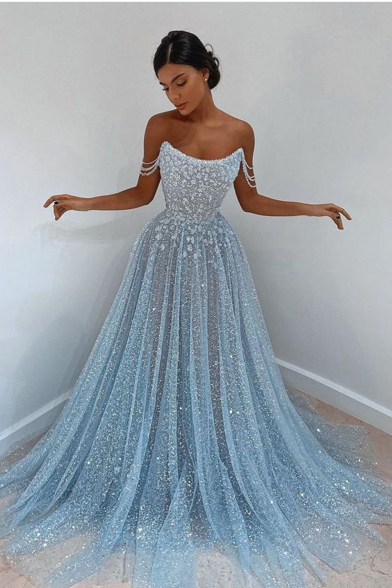 Elegant Light Blue Tulle Sequins Evening Dress Strapless Long Prom Dress HZ1023