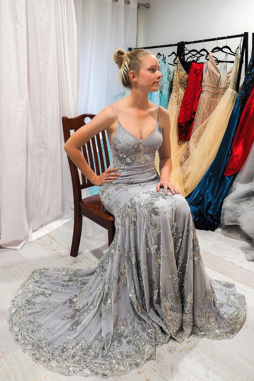 Mermaid V-Neck Silver Long Prom Dress with Open Back HZ1023