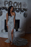 Sexy Open Back Sweetheart Neck Mermaid Silver Prom Dresses Sequins With Slit HZ1023