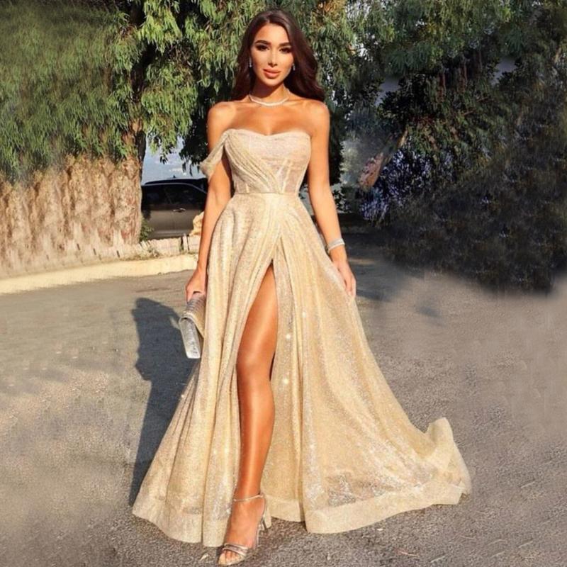 Champagne Gold A-Line Cheap Sequin Elegant Formal Long Prom Dresses HZ1023