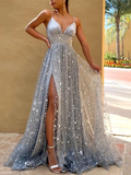 Stunning A Line Spaghetti Strap Star Sequin Tulle Long Prom Dress Evening Dress with Slit HZ1023