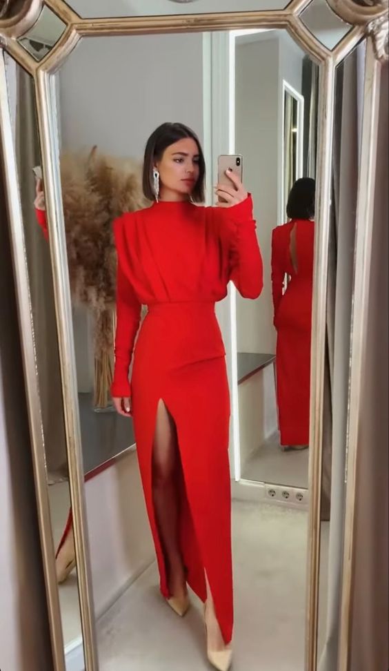 Long Evening Dresses Long Sleeves Red Prom Dress HZ1023