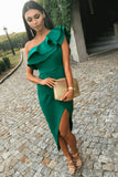 One Shoulder with Ruffled High Low Midi Cocktail Dress Green Prom Dress HZ1023